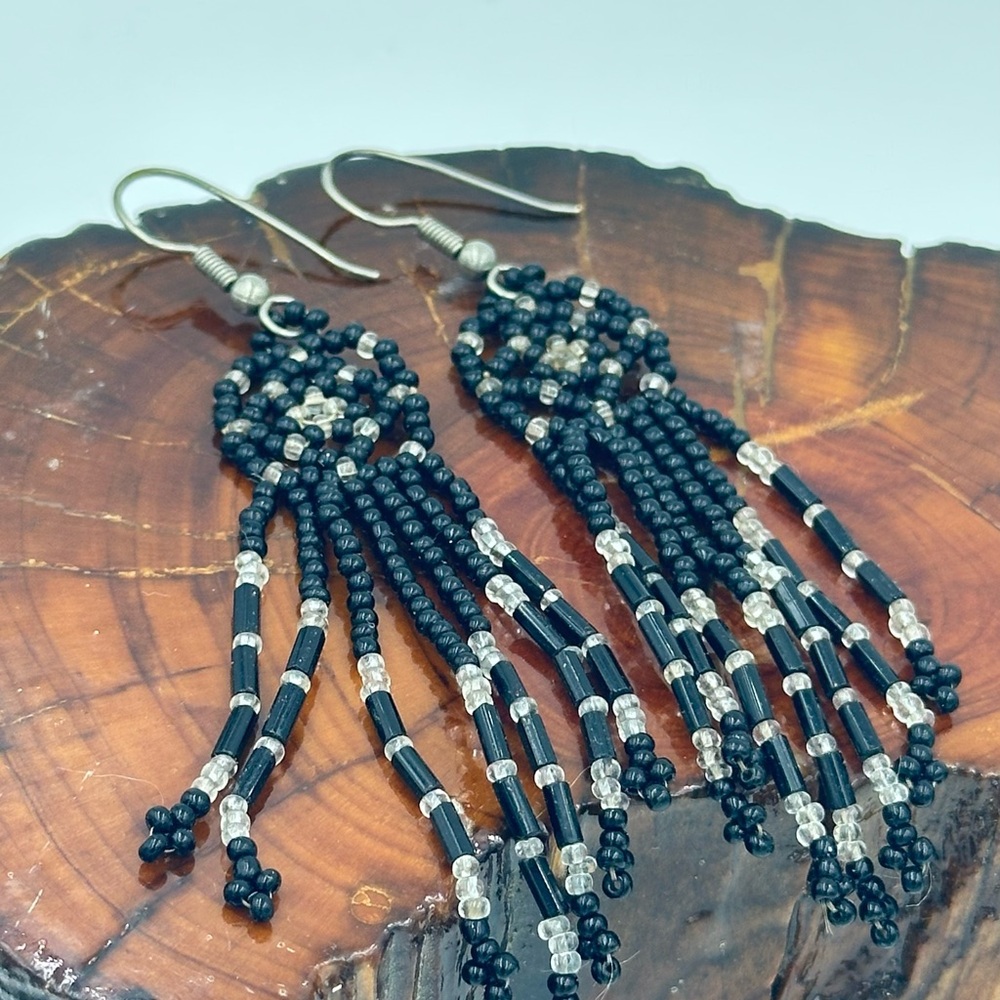 Vintage 70’s Handmade Black Beaded Fringe Earrings